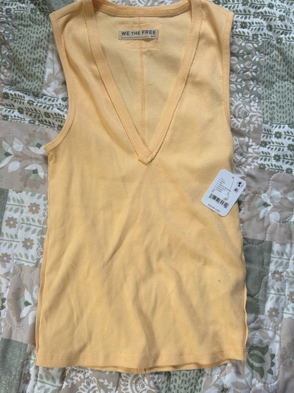 Free People Yellow Ribbed V-Neck Tank Top